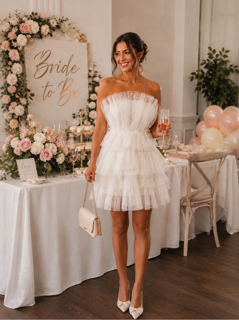 MABLE Women's Cream Strapless Tulle Tiered Ruffle Mini Dress S
